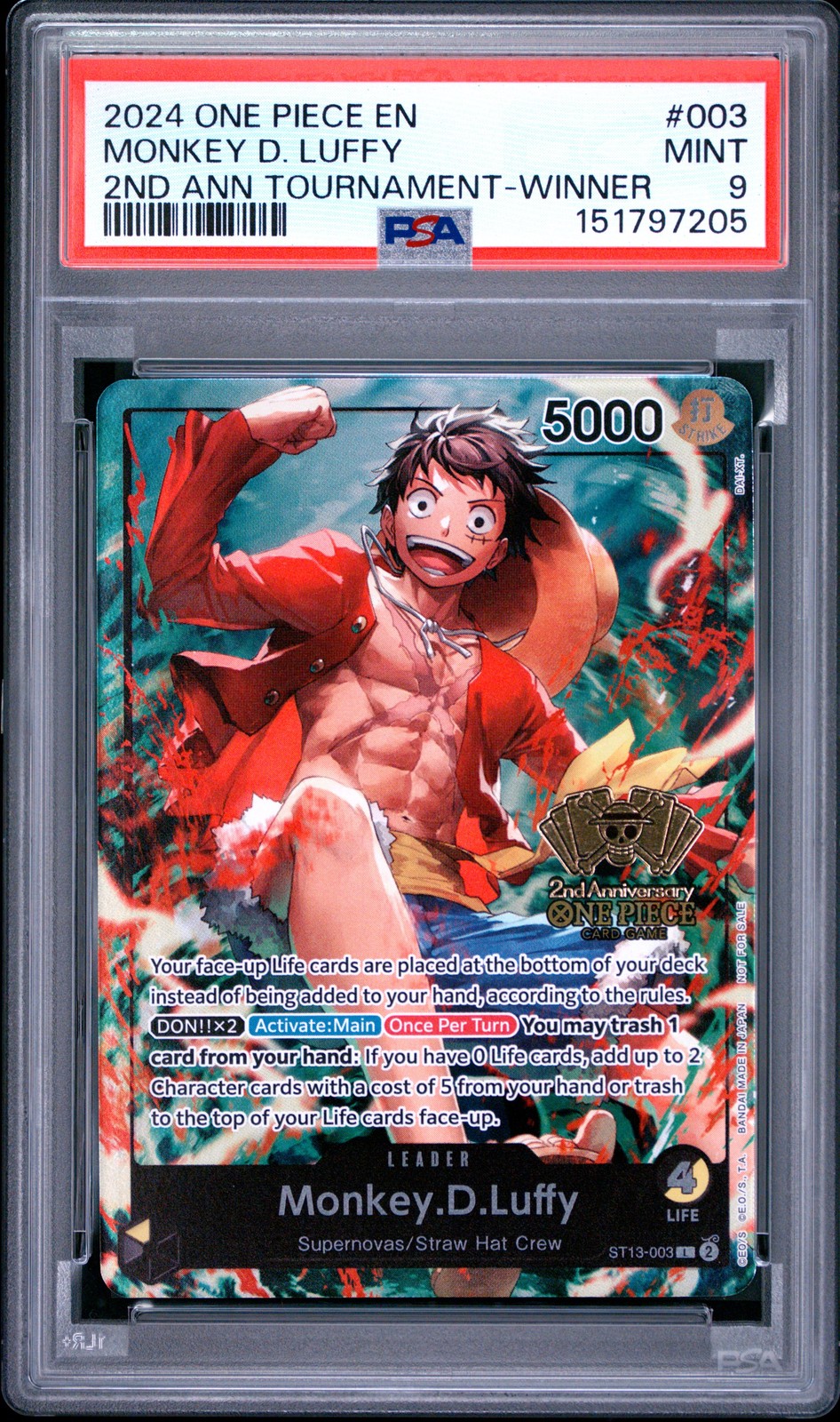 2024 ONE PIECE PROMOS 2ND ANNIVERSARY TOURNAMENT-WINNER MONKEY D. LUFFY PSA 9
