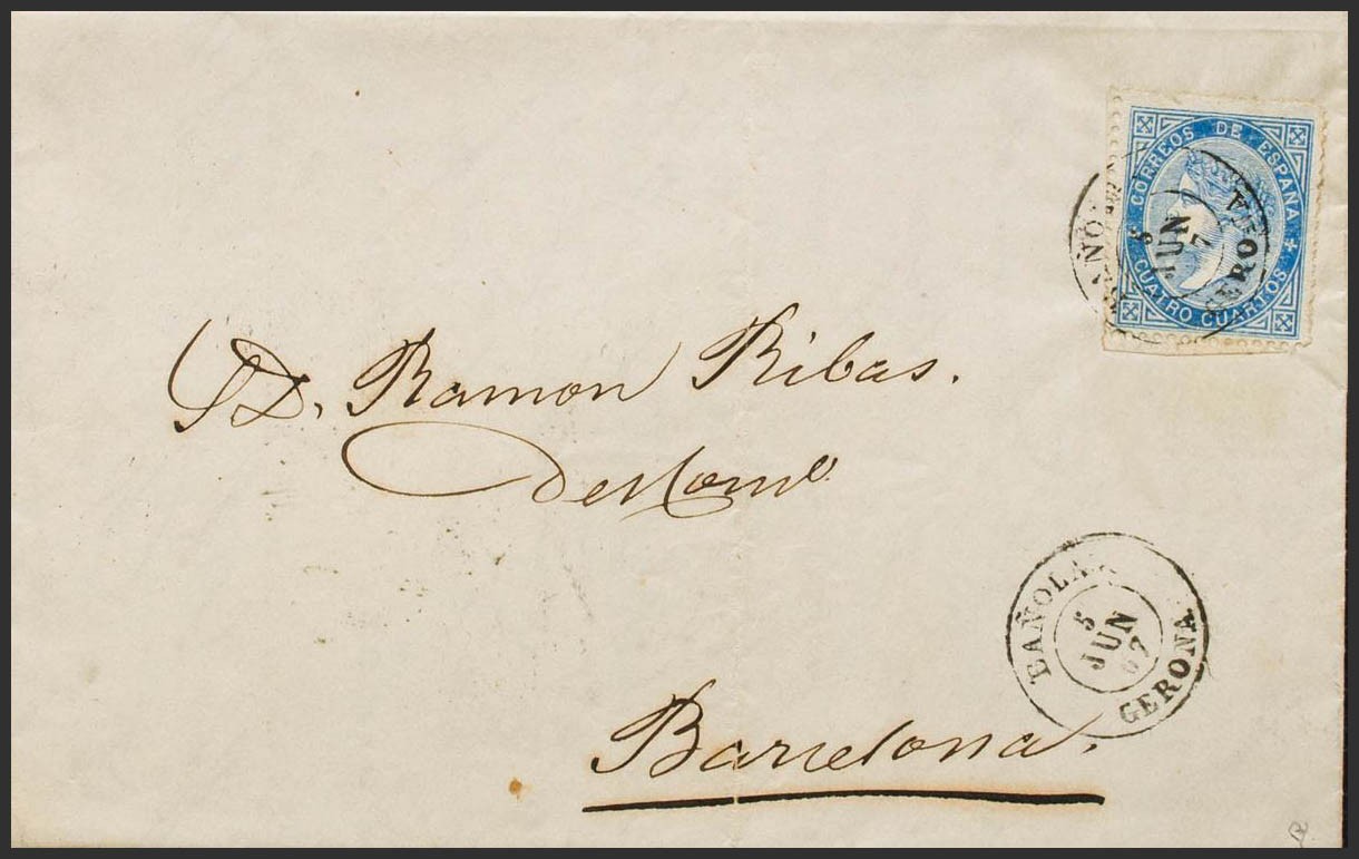 Catalogna. Storia Postale. Busta 88. 1867. 4 Quarti Blu. Baňolas A Gerona. M