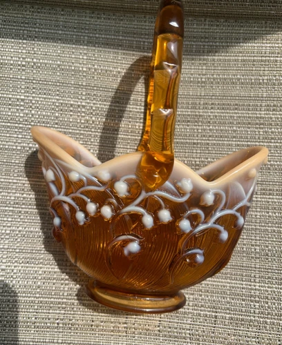 Fenton Cameo Glass Amber Opalescent Basket