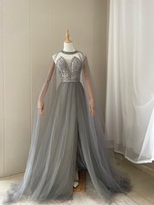 Gray Evening Dress Formal Gown Beaded Bodice Tulle Overlay long Elegant Dress