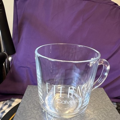 Calvin Klein Eternity Logo Clear Glass Coffee Mug 8 fl oz With Handle RARE 