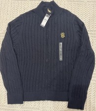 Tommy Hilfiger Women Cable Knit Full Zip Cardigan Sweater Navy Cotton Logo NWT