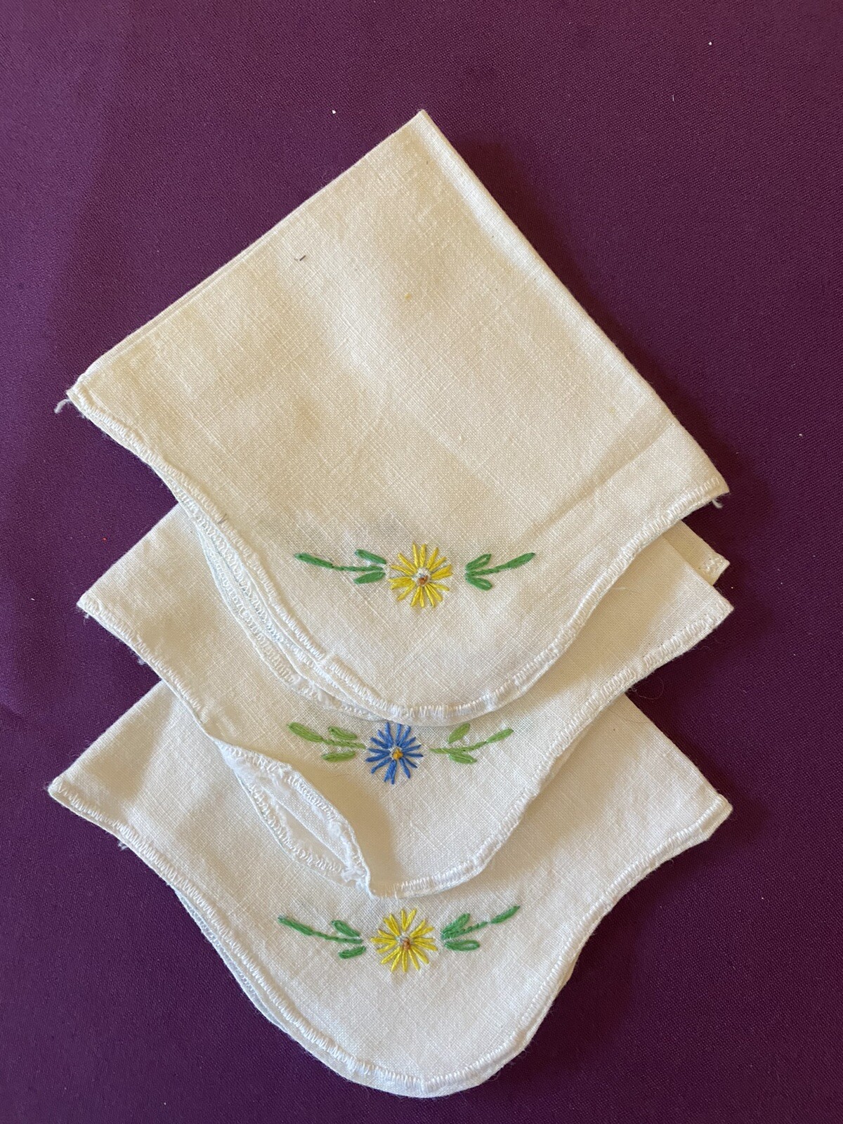 Vintage Hand Embroidered Linen Napkins Daisies Blue Yellow Set Lot Of 3