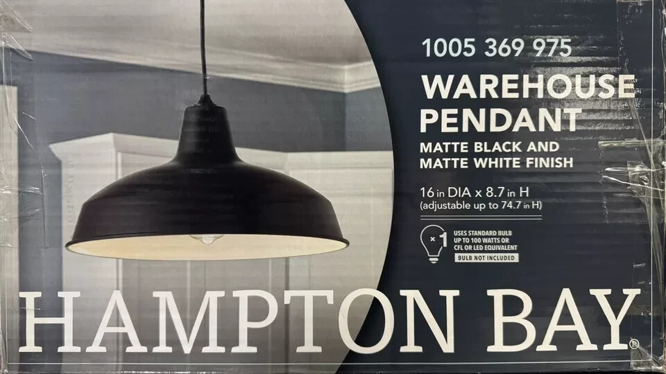 Hampton Bay 1-Light Black Warehouse Pendant Hanging Light with Metal Shade