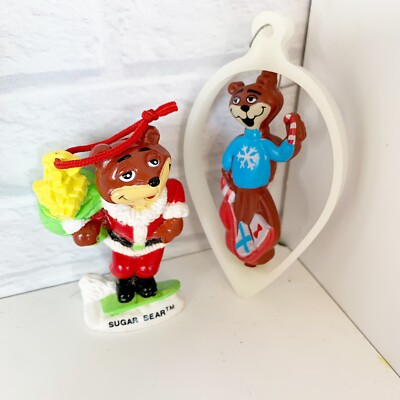 Golden Crisp Sugar Bear Ornament Set of 2 Spinning Top Santa Christmas 1990's
