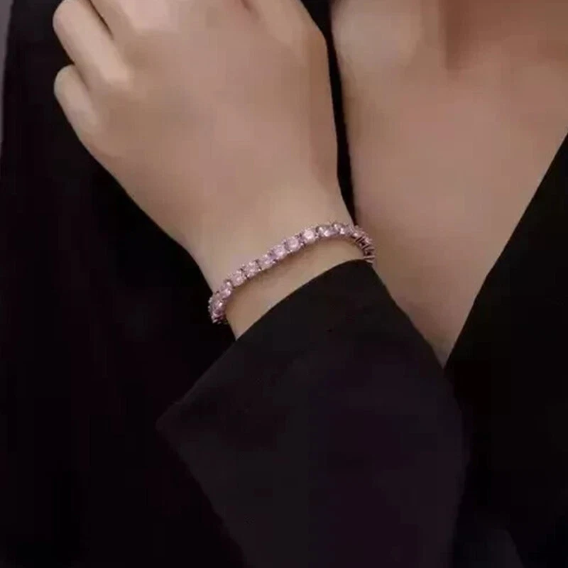 Brazalete Tenis Belleza Zafiro Rosa Creado en Laboratorio Redondo 9CT Acabado Oro Blanco 14k Foto 3 de 4