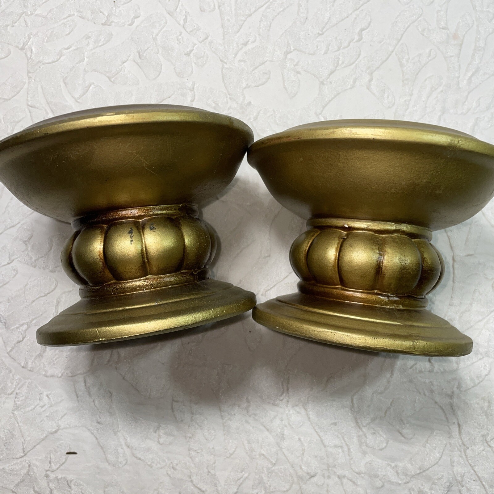 PAIR VINTAGE 4”TALL GOLD TRIMONT WARE PILLAR PEDESTAL CANDLE HOLDER