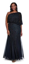 Adrianna Papell Midnight/Black Beaded One Shoulder Formal Dress Plus 16W  379