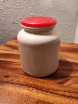 Vintage Pommery Moutarde De Meaux Pottery Crock Jar Red Lid Glazed Stoneware