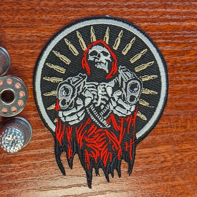 Grim Reaper Patch Guns Pistols Biker Punk Goth Embroidered Iron On Patch 3.75x3''