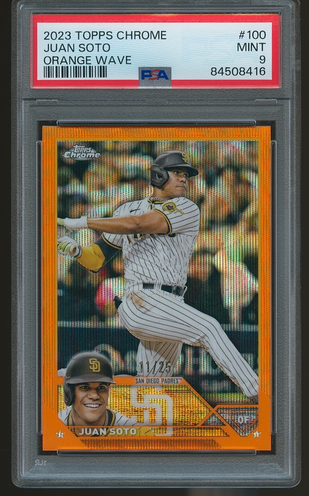 Juan Soto 2023 Topps Chrome Orange Wave Refractor #100 /25 PSA 9