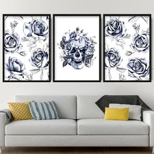 Set of 3 Navy Floral Abstract Rose Flower Skull Wall Art Print Picture Poster