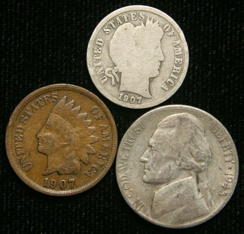 Old US Coin Estate Lot Barber Dime Indian Head Cent War Nickel 3 Coin Set
