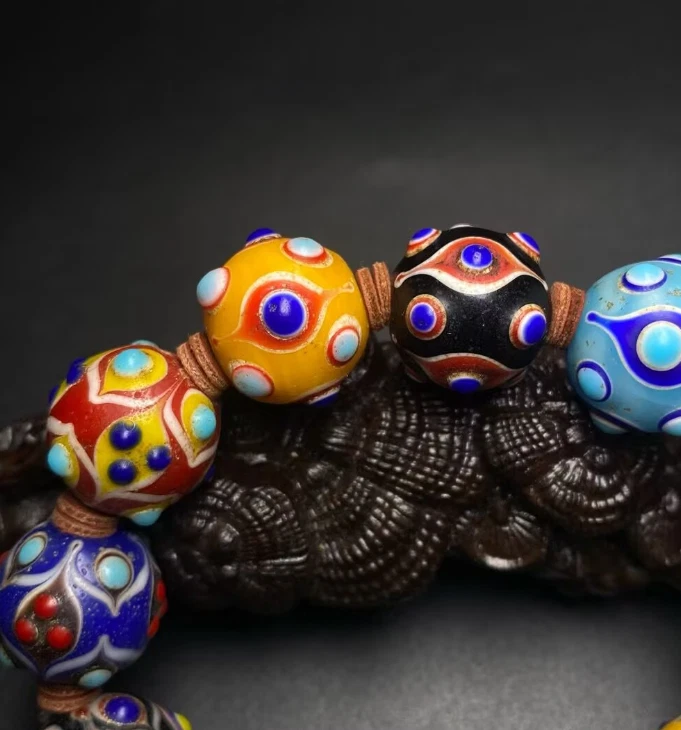 Rare Tibetan Collection Old Glass Dragonfly Eye Multi Treasure Bracelet - Image 3 of 4