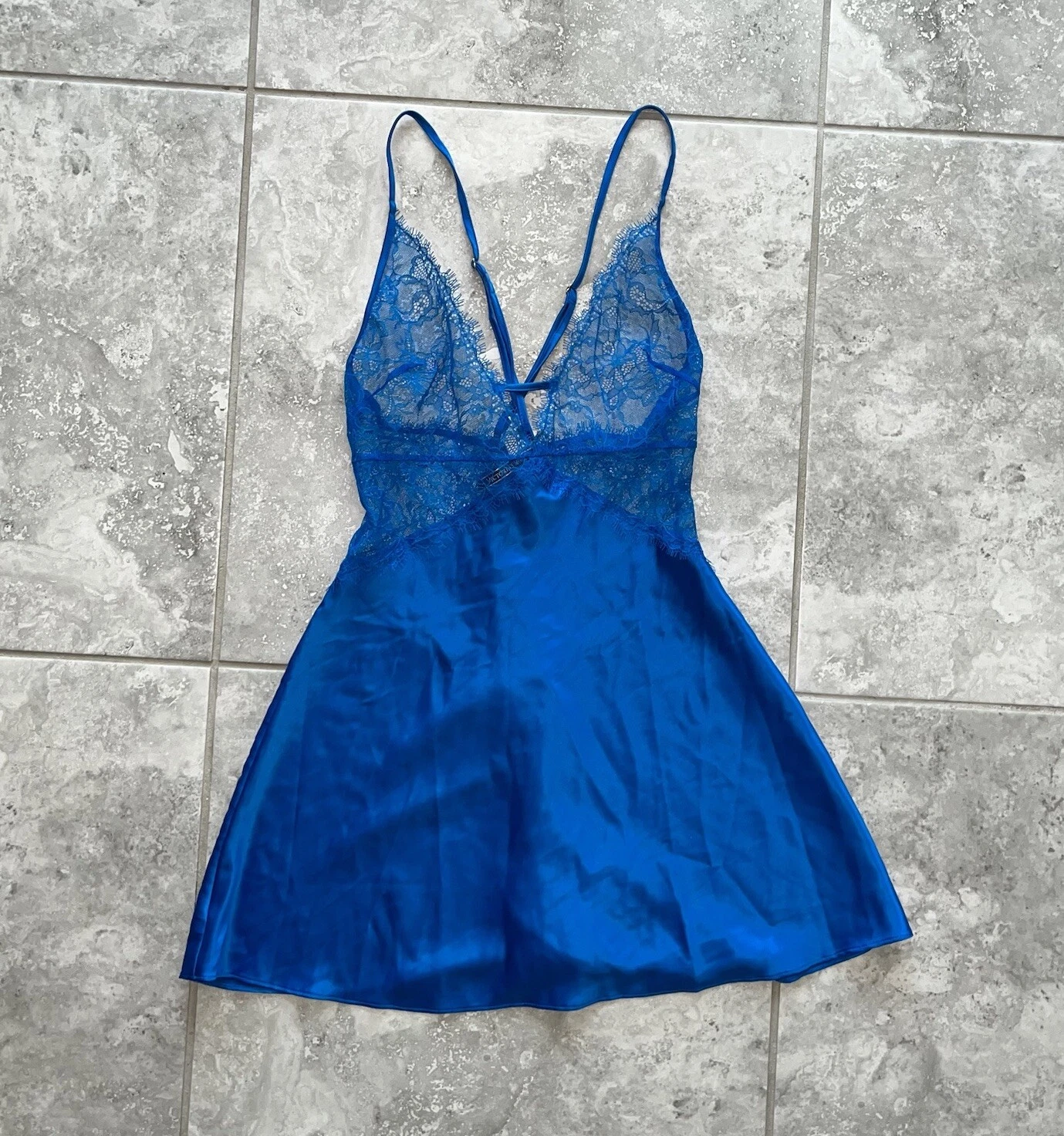 UNDERCOVER Victorias Secret Mini Abito Cami Slip Raso Liquido Pizzo Scollo V Fata Y2k Blu XS