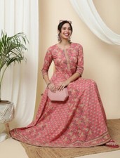 Pink Regular Flared Maxi Dress, Women Indian Layered Long Anarkali Cotton Kurta