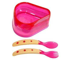 Baby Dipper Bowl, Spoon & Fork Set - Pink - Easy feeding for infants & toddlers!