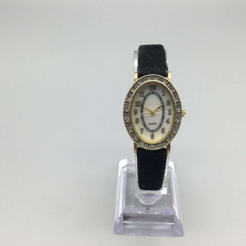 Reloj Cristales Mujer 24mm Tono Dorado MOP Esfera Ovalada Banda Negra Batería Nueva Foto 2 de 4