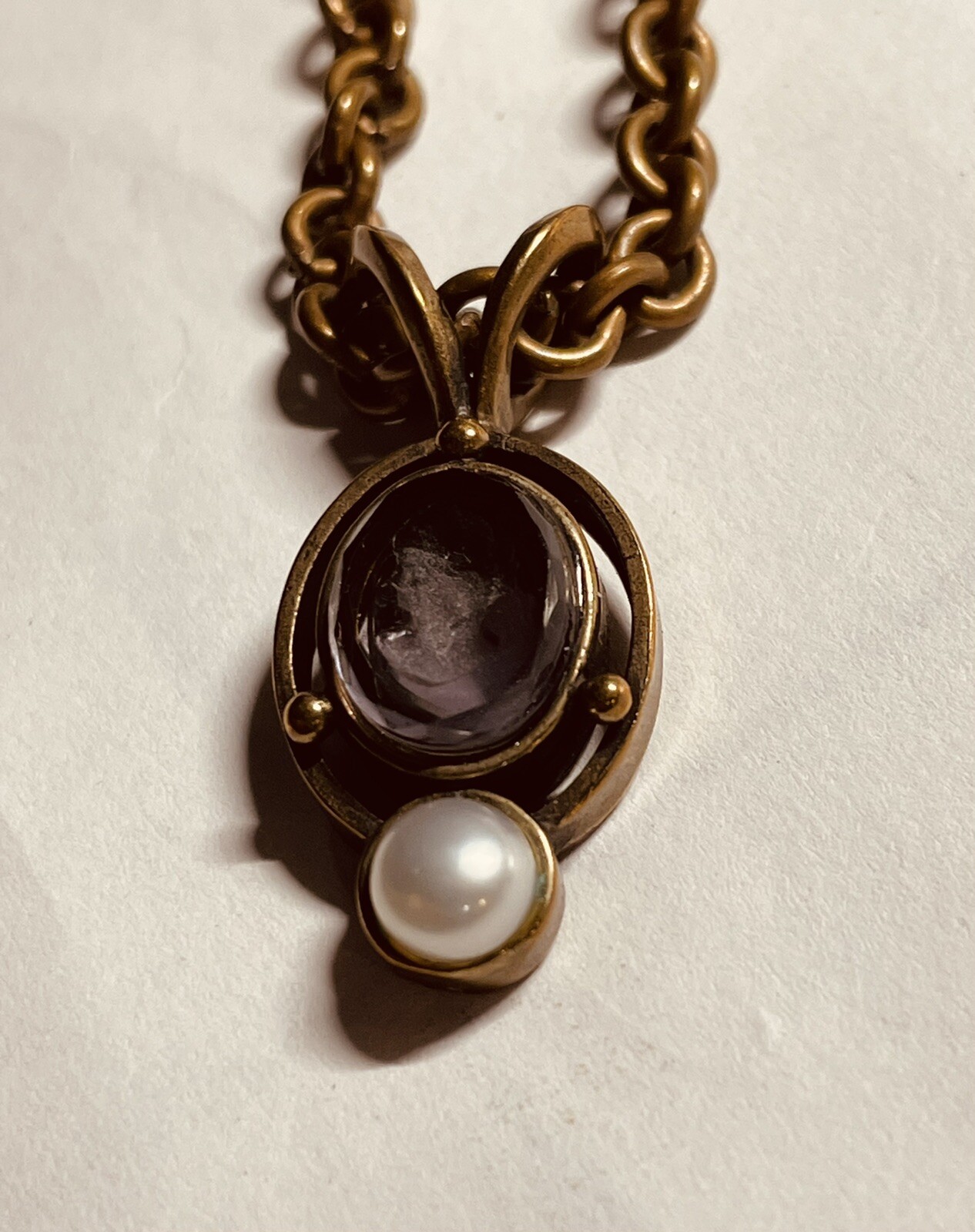 Victorian Extasia Intaglio Amethyst Cameo Pearl Antique Necklace Signed