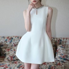 Temperament Short Skirt New Round Neck Rhinestone Sleeveless A-line Dress Women