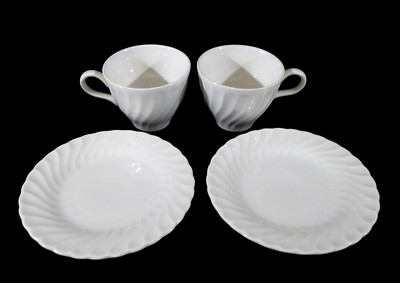 Vintage Set of 2 White Swirl Coffee or Tea Cups and 2 Bread/Dessert/Side Plates