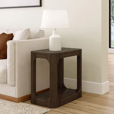 Modern Rounded Rectangular Side Table with Shelf, Solid Wood End Table for Livin