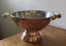 Vintage Copper Plated Colander  With Brass & Porcelain Handles Made In Korea 9"
