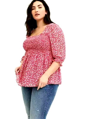 Torrid Womens Top Floral Babydoll Chiffon Smocked Square Neck Pink -  1X   16/18