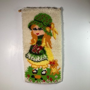 70s Handmade Latch Hook Wall Hanging Girl Red Hair Bonnet Cat Turtle 15 x 30