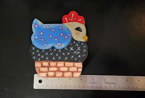 Folk Art Wood hen on basket hidden trinket box country farmhouse kitchen office