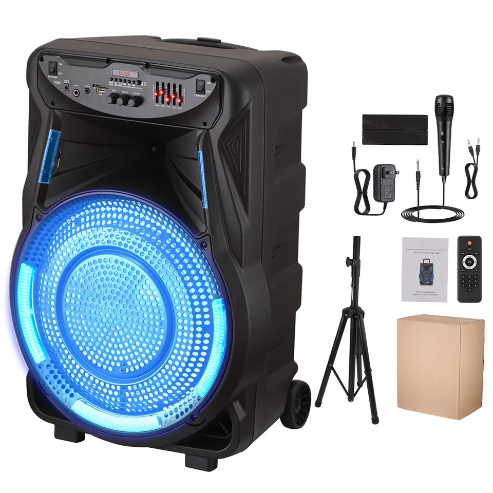 Heavy Bass 15" Subwoofer Bluetooth Speaker Trolley w/ Stand Mic DJ USB FM AUX TF - Image 4 of 4