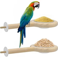 2 Pack Bird Perch Bird Feeding Cup, Bird Bowls for Cage Wooden Perch Stand 