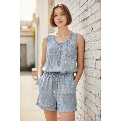 THREAD & SUPPLY Light Denim Romper, bandana print, Sz M