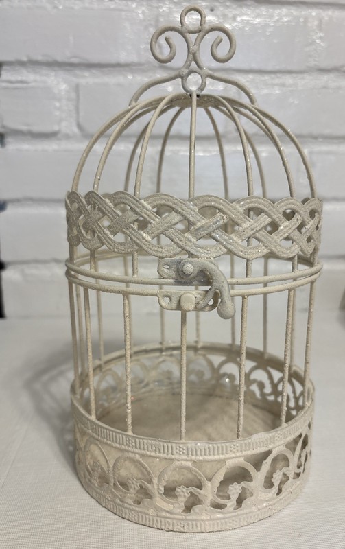 Vintage Metal Cream Textured/Shimmer Painted Decor Bird Cage Rustic/Shabby Chic