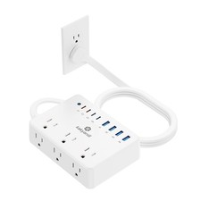 100W Charging Station 6 AC Outlets 8 USB Power Strip 5ft Flat Plug White