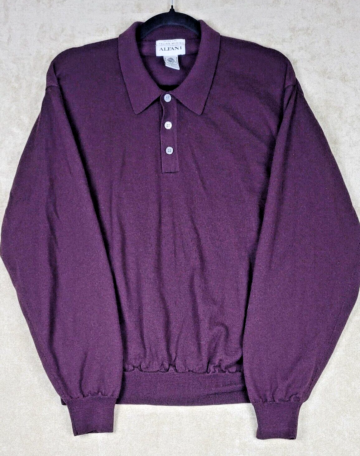 Alfani 100% Merino Wool Polo Sweater XL Maroon Italian Knit Luxury Pullover