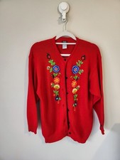 FRED BARE Red Embroidered Flower Cotton Knit Cardigan Kids Size 10 Or Womens 6
