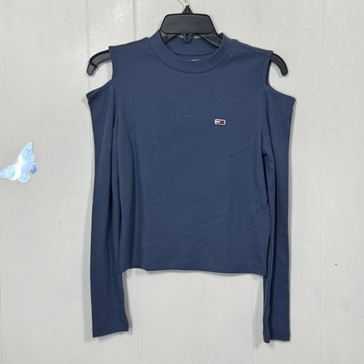 Tommy Jeans Shirt Womens Small Blue Cold Shoulder Long Sleeve Crewneck Top