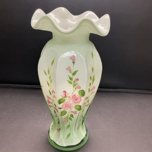 9” Vase Green Floral Scalloped Top Hand Painted Fenton?
