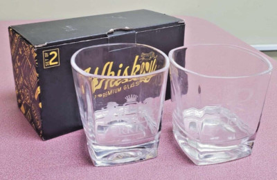 PAIR Of 2 Beautiful Etched Design & Logo Whiskey Glasses - PRE-OWNED GREAT COND.