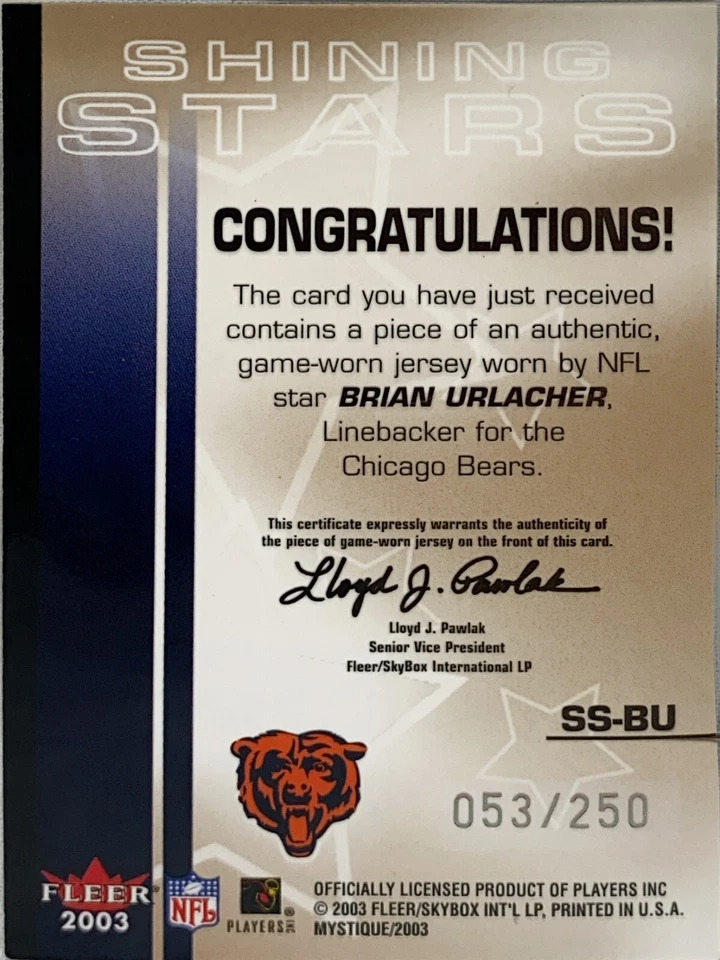 2003 Fleer Mystique Shining Stars Jerseys SP /250 Brian Urlacher #SS-BU HOF - Image 2 of 3