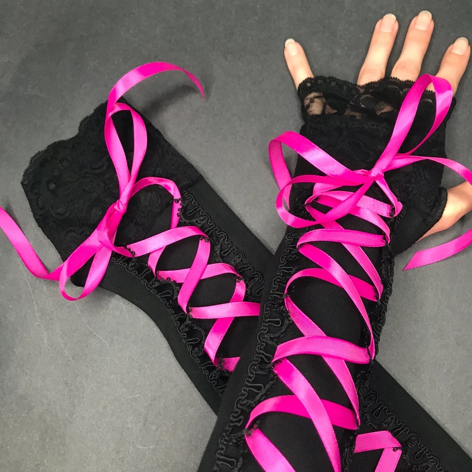 Hot Pink Corset Arm Warmers Black Lace Up Gloves Long Cosplay Wedding Sleeves - Image 2 of 4