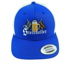 NWOT STEINKELLER Beer Men’s Mesh Back Cap Adjustable Snapback Blue White & Gold