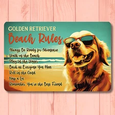 Golden Retriever Beach Rules Sign dog metal tin funny wall art coastal decor