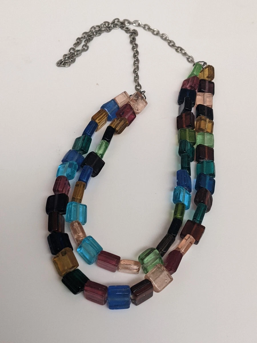 Silver multicoloured foil Murano style Square Glass Bead Necklace double strand