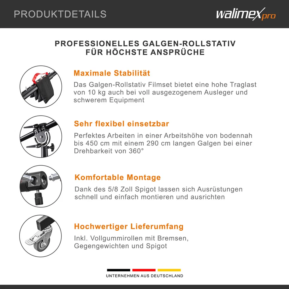 Walimex pro Galgenstativ Rollstativ Filmset Stativ 140-450cm Kamera Foto Tripod - Bild 3 von 4