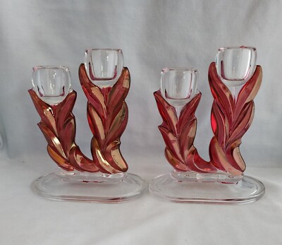Indiana Glass Ruby Flash Willow Pattern Double Candlesticks - Hard to Find