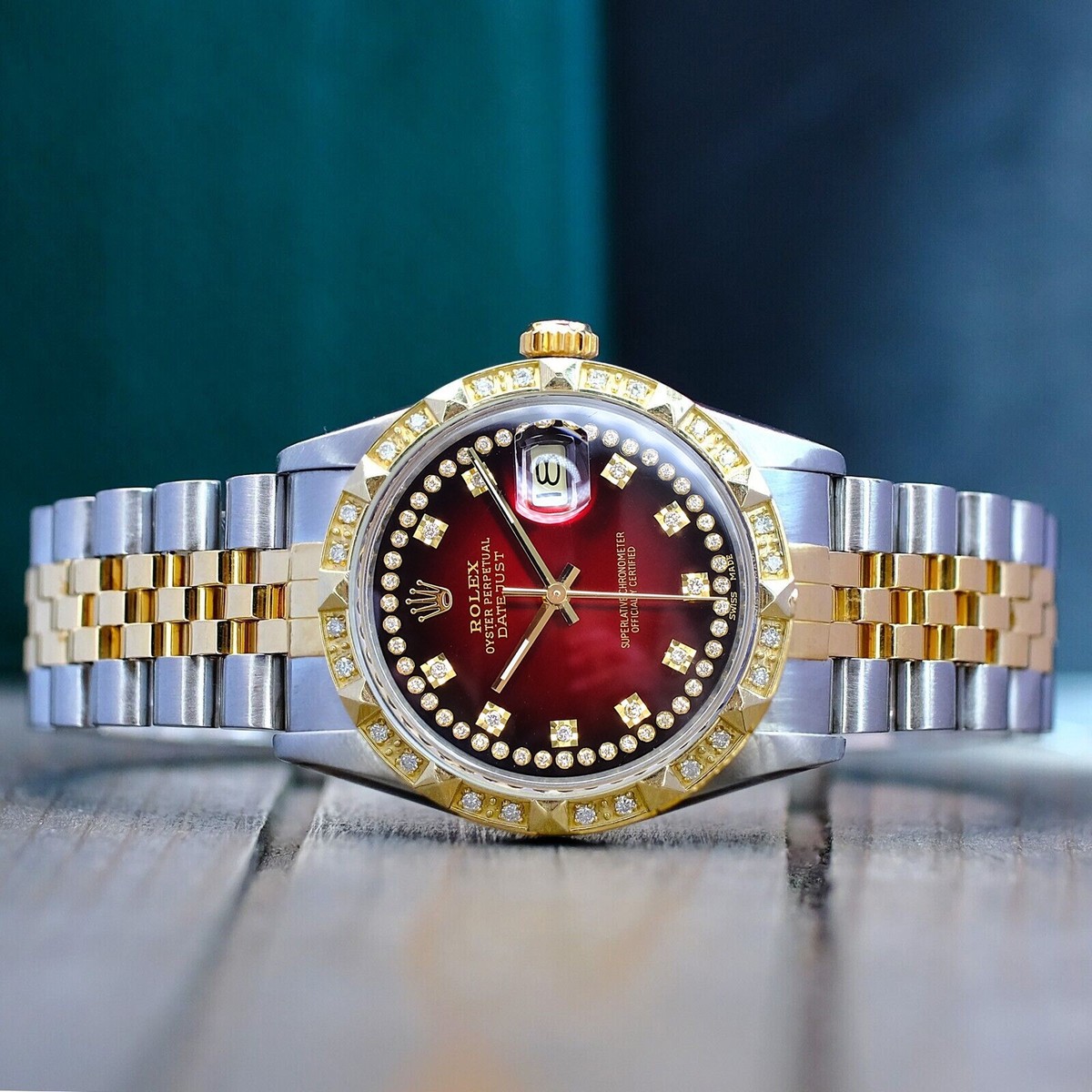 Rolex Datejust 16233 18K Yellow Gold Steel Red Dial Diamond Bezel