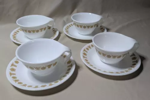 Vintage Set of 4 CORELLE BUTTERFLY GOLD Hook Handle Coffee Tea Cups & Saucers
