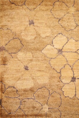 Gold Nature Print Contemporary Indian Area Rug 5'x7' Hand-knotted Home Decor Rug